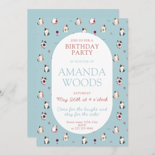 猫とワインのパーティー – かわいい誕生日アート 招待状 (正面/裏面)