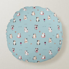 猫とワインの丸い枕：おもしろいと予測できなデザイン ラウンドクッション