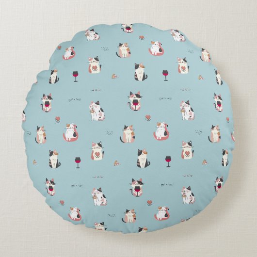 猫とワインの丸い枕:おもしろいと予測できなデザイン ラウンドクッション (正面)