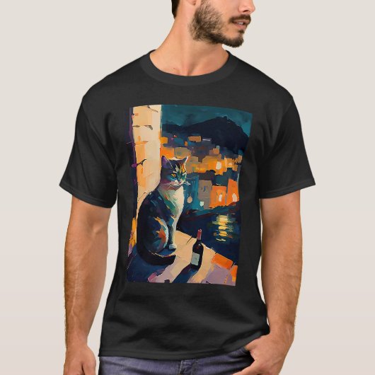猫とワインの女性 Tシャツ (正面)