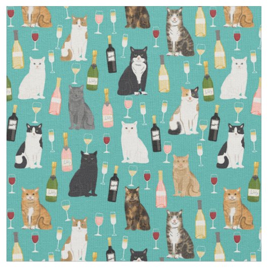 猫とワイン猫のレディーパターン ファブリック (クローズアップ)