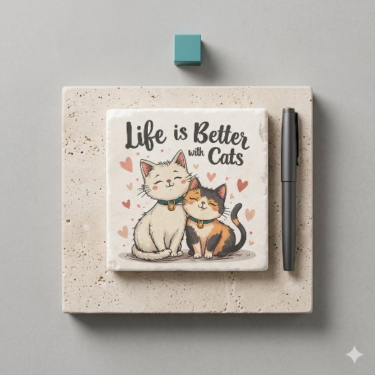 猫と一緒が最高にかわいい猫のイラスト ストーンコースター