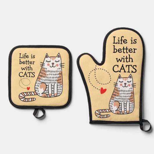 猫と一緒が最高の人生ダッフル 鍋つかみ&鍋敷きセット (正面)