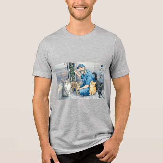 猫と一緒にいるエレベーターの修理業者 トライブレンドTシャツ (正面)
