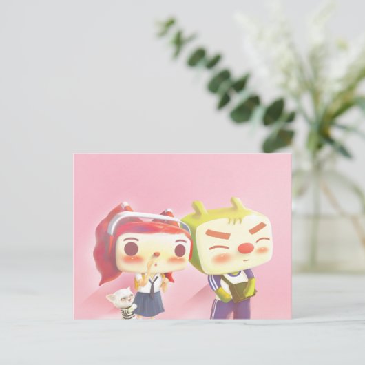 猫と一緒にいる気まぐれなキャラクター 案内ポストカード (スタンド正面)