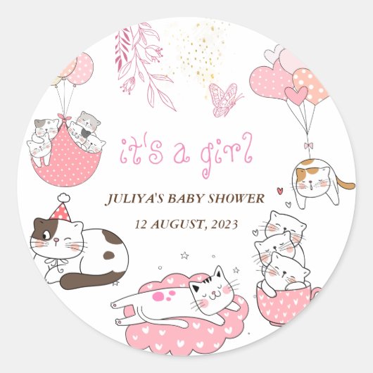 猫と一緒にシャワーを浴びる女の子 ラウンドシール (正面)