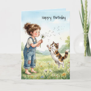 猫と一緒にタンポポの種を吹く誕生日の女の子 カード