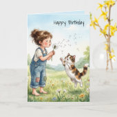 猫と一緒にタンポポの種を吹く誕生日の女の子 カード (黄色い花)