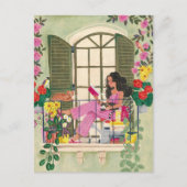 猫と一緒に夏のバルコニーで読書する女の子 ポストカード (正面)