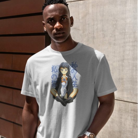 猫と一緒に座るアニメの女の子 Tシャツ