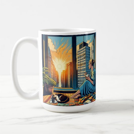 猫と一緒に日の出を見る女性 コーヒーマグカップ (左)