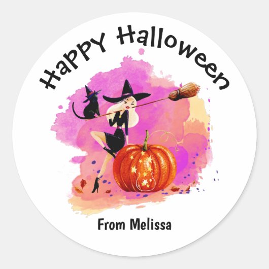 猫と一緒に生きる青白いハロウィーンの魔女 ラウンドシール (正面)