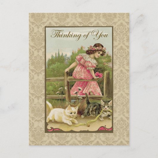 猫と一緒に考えている少女 ヴィンテージ復刻版 ポストカード (正面)