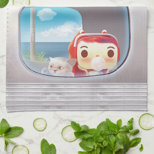 猫と一緒に電車に行く キッチンタオル (折り畳み)