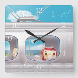 猫と一緒に電車の外を見て女の子ウィンドウSq スクエア壁時計