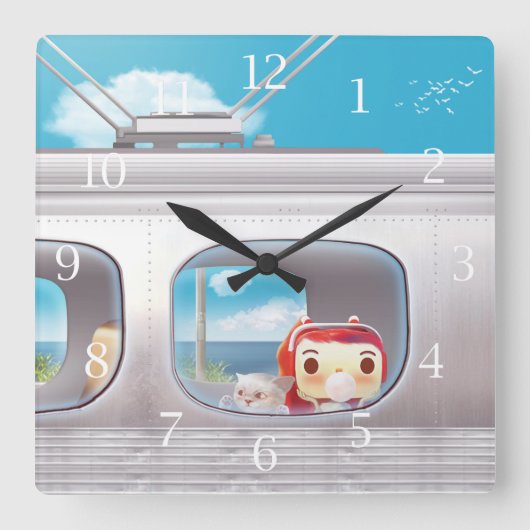 猫と一緒に電車の外を見て女の子ウィンドウSq スクエア壁時計 (正面)