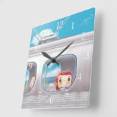 猫と一緒に電車の外を見て女の子ウィンドウSq スクエア壁時計 (傾斜)