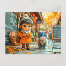 猫と一緒の初登校 シーズンポストカード