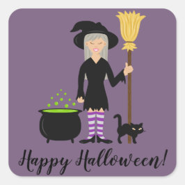 猫と共にいる魔女とハッピーハロウィンのテキスト スクエアシール