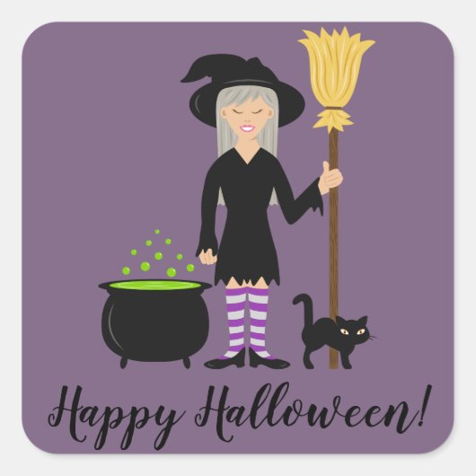 猫と共にいる魔女とハッピーハロウィンのテキスト スクエアシール (正面)