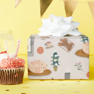 猫と冬で満たされた暖かい冬の柄 ラッピングペーパー