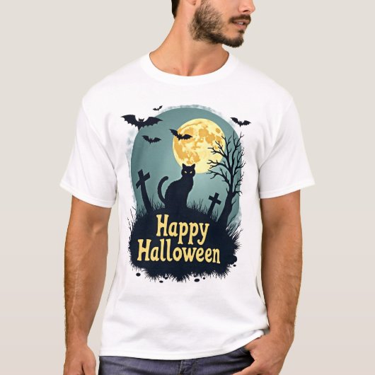 猫と墓場のハロウィンTシャツ - グランジ Tシャツ (正面)