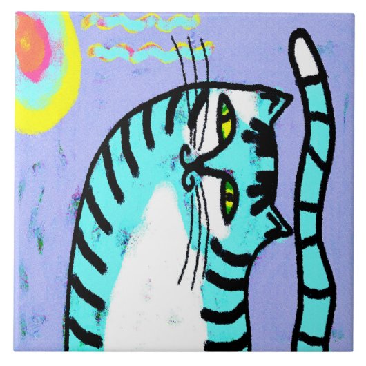 猫と太陽の抽象的なデジタルアート タイル (正面)