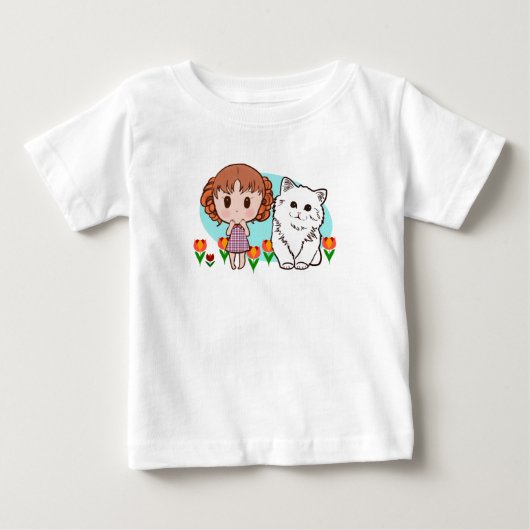 猫と女の子とチューリップ ベビーTシャツ (正面)