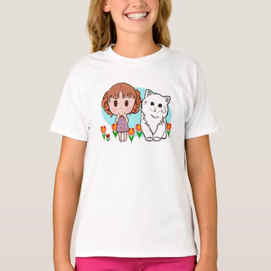 猫と女の子とチューリップ Tシャツ (正面)