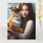 猫と女の子のイラスト 誕生日カード カード (黄色い花)
