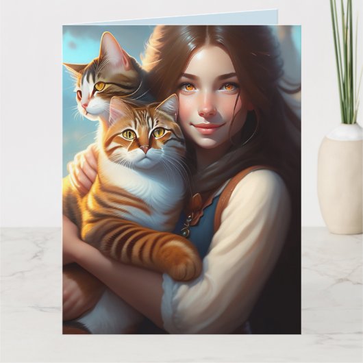 猫と女の子のイラスト 誕生日カード カード (正面)