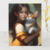 猫と女の子の誕生日カード アート カード (黄色い花)