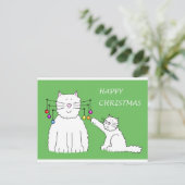 猫と子ネコ遊がクリスマスの食器を持つ シーズンポストカード (スタンド正面)