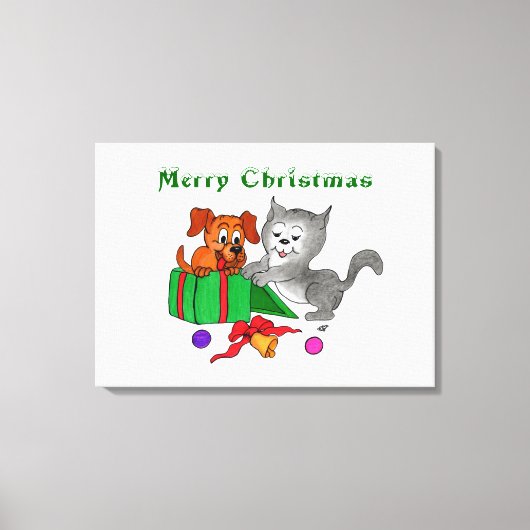 猫と子犬とのメリークリスマス キャンバスプリント (正面)