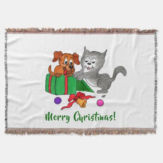 猫と子犬とのメリークリスマス スローブランケット (正面)
