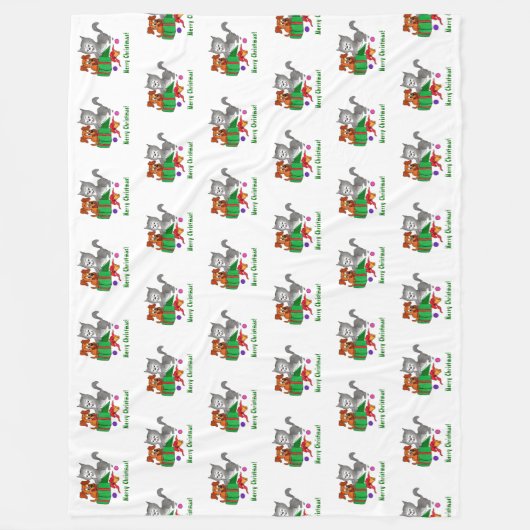 猫と子犬とのメリークリスマス フリースブランケット (正面)