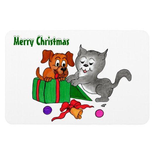 猫と子犬とのメリークリスマス マグネット (横)