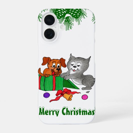 猫と子犬とのメリークリスマス iPhone 16ケース (裏面)