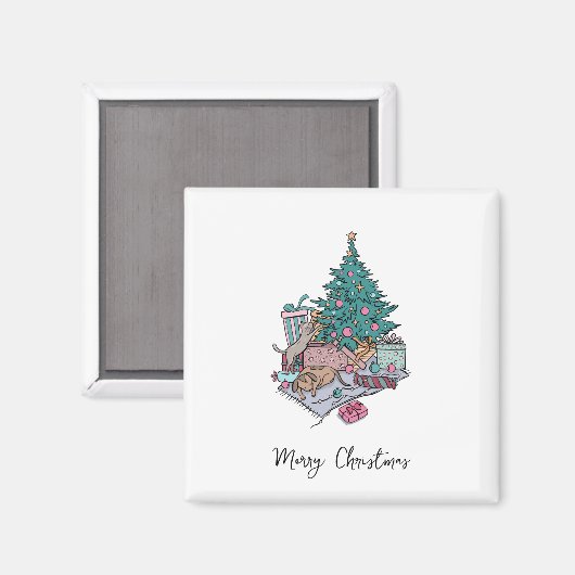 猫と子犬のクリスマスツリーシンプルミニマリスト マグネット (正面/裏面)