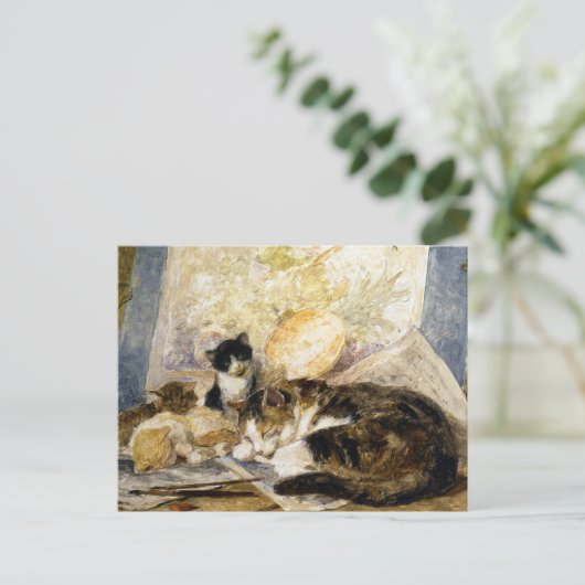 猫と子猫が眠るアーティストのスタジオ ポストカード (スタンド正面)