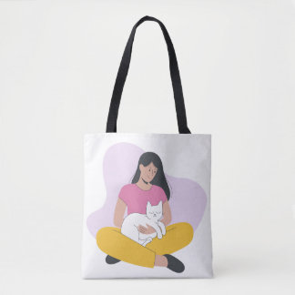 猫と少女 - かわいいミニマリスト 猫好き トートバッグ