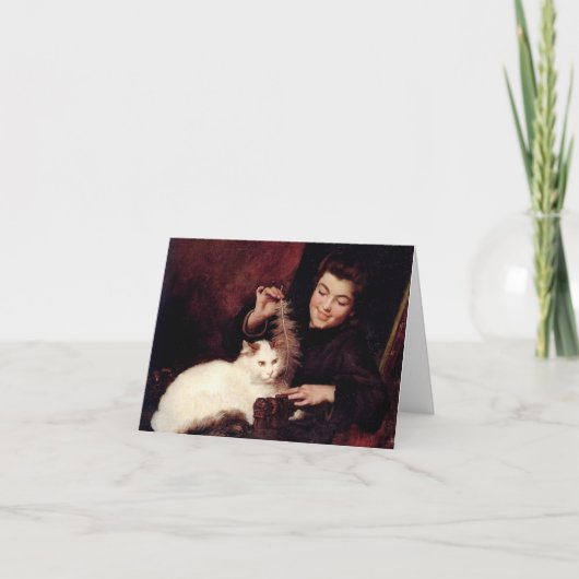 猫と少女 レッド ヴィンテージ アート 白紙のメッセージカード カード (正面)