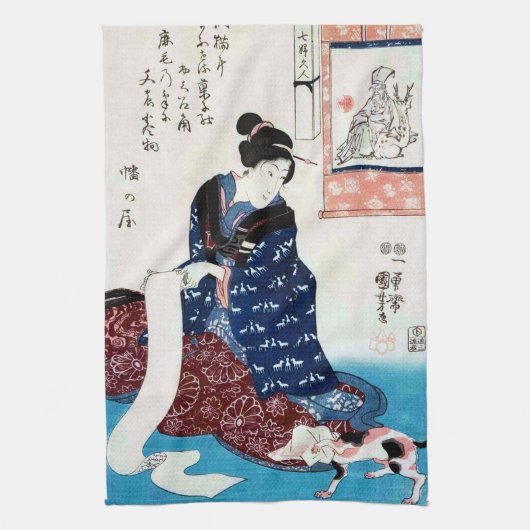 猫と巻物を持つ女性 国芳 キッチンタオル (縦)