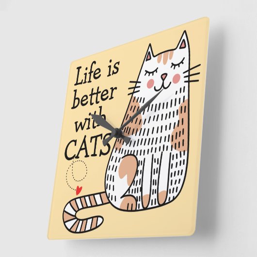 猫と暮らしてみると命が縮まる スクエア壁時計 (傾斜)
