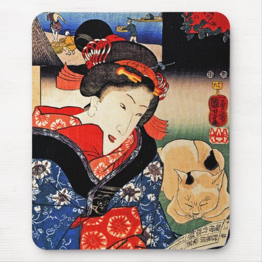 猫と暮らす日本の女性 – 歌川国芳 マウスパッド (正面)