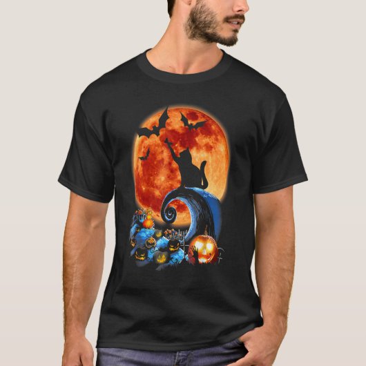 猫と月のハロウィンコスチュームのシルエット Tシャツ (正面)
