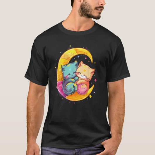猫と月 ユメ デコラ系 パステルゴス Tシャツ (正面)