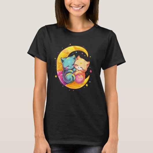 猫と月 夢 デコラ系 パステルゴス Tシャツ (正面)