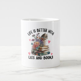 猫と本があると人生はもっと楽しい 面白い猫のデザイン ジャンボコーヒーマグカップ