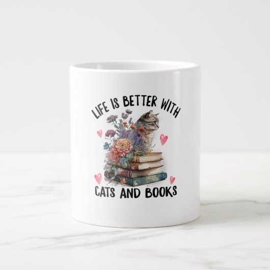 猫と本があると人生はもっと楽しい 面白い猫のデザイン ジャンボコーヒーマグカップ (正面)